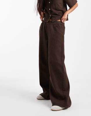 Pieces Textured Twill Wide Leg Pants In Brown