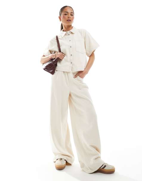 Pieces textured twill wide leg pants in raw cotton cream - part of a set - view 1