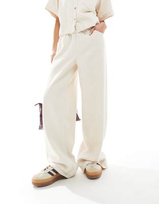 Pieces Textured Twill Wide Leg Pants In White