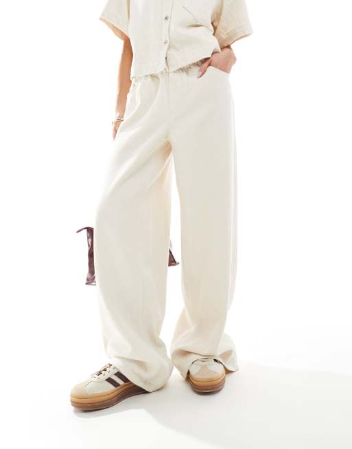 Pieces textured twill wide leg pants in raw cotton cream - part of a set