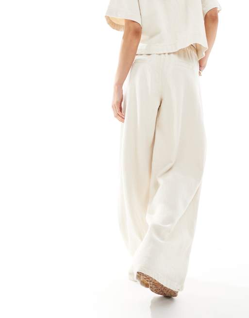 Pieces textured twill wide leg pants in raw cotton cream