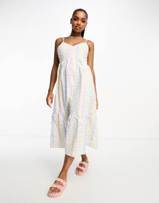 Pieces textured v-neck smock midi dress in pastel stripe