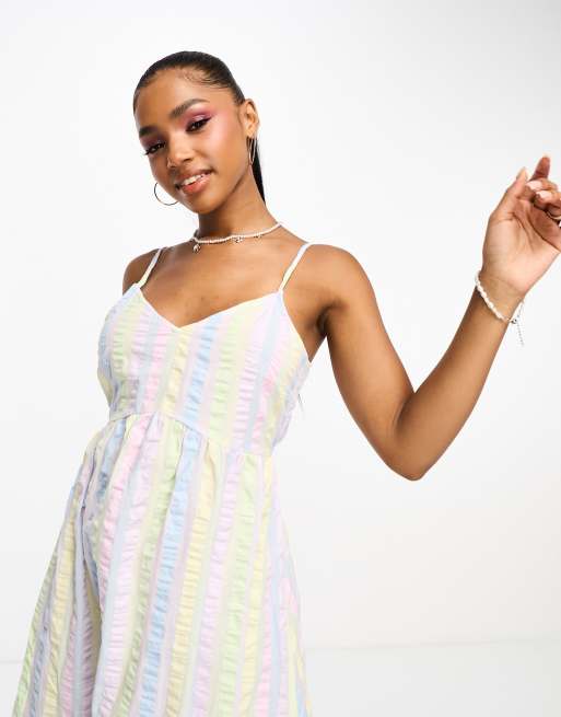 Pieces textured v-neck smock midi dress in pastel stripe | ASOS