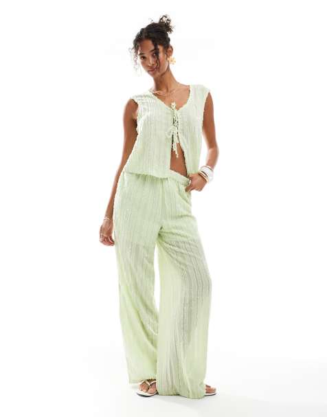 Pieces textured wide leg pants in gleam green - part of a set - view 1