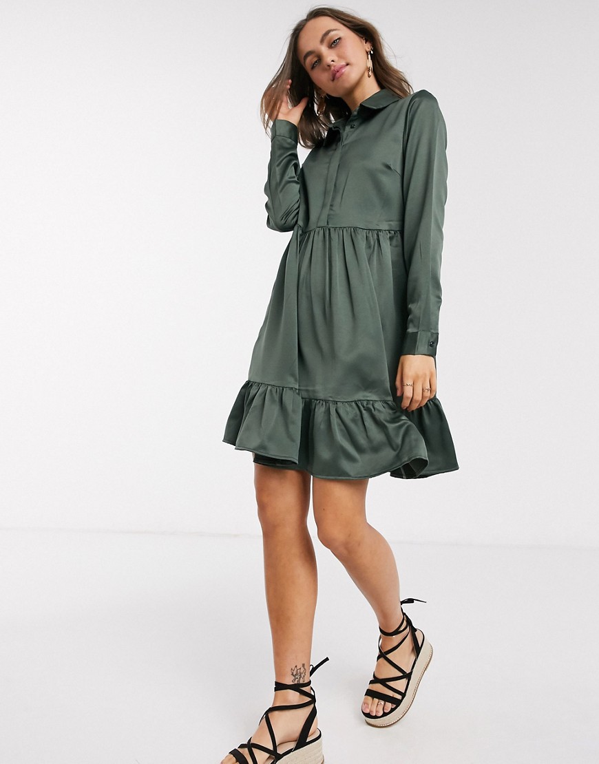 Pieces – Tia – Mörkgrön skjortklänning med panelsydd design-Grå