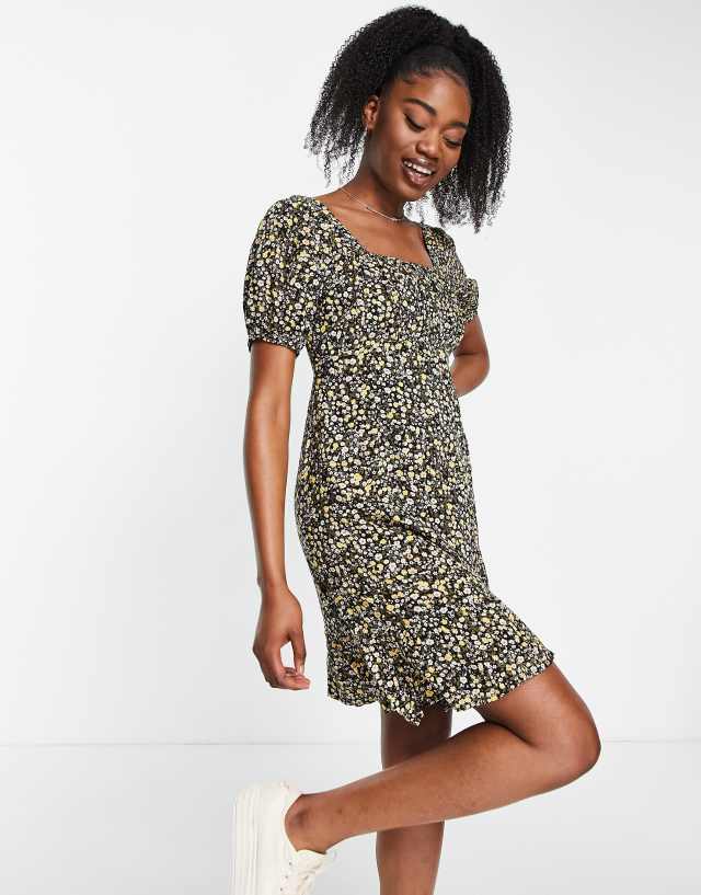 Pieces - tie back mini dress in black & yellow floral