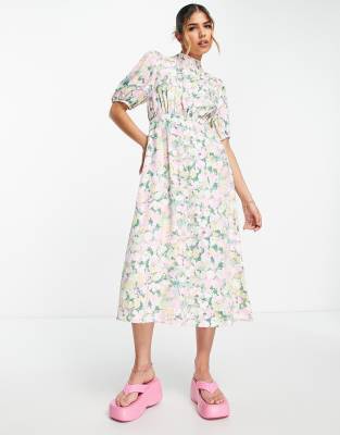 Pieces tie back puff sleeve midi dress in vintage floral - ASOS Price Checker