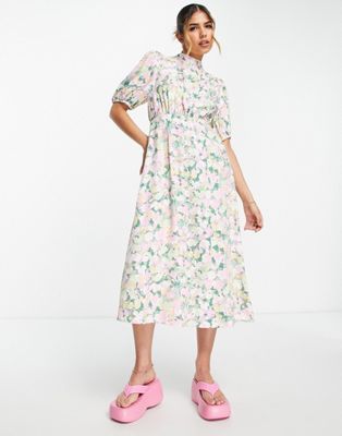 Pieces tie back puff sleeve midi dress in vintage floral