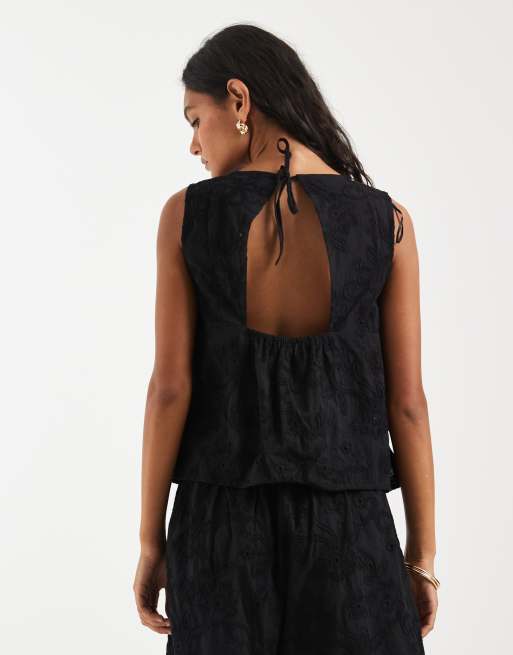 PIECES tie back sleeveless broderie top in black - part of a set, 4 of 4