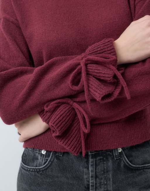 Pieces tie cuff detail jumper in burgundy, 2 of 4