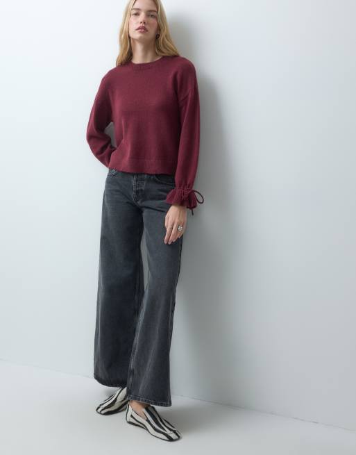 Pieces tie cuff detail jumper in burgundy, 3 of 4