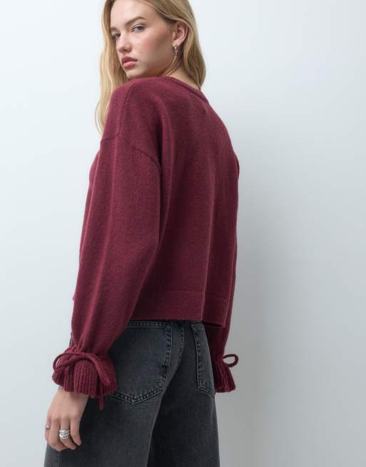 Pieces tie cuff detail jumper in burgundy, 4 of 4