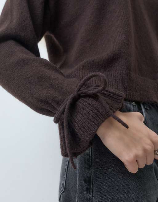 Pieces tie cuff detail jumper in chocolate brown, 2 of 4