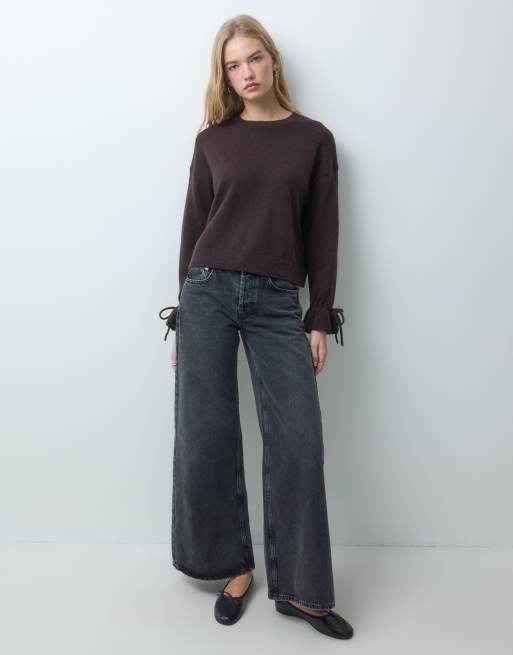 Pieces tie cuff detail jumper in chocolate brown, 3 of 4