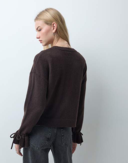 Pieces tie cuff detail jumper in chocolate brown, 4 of 4