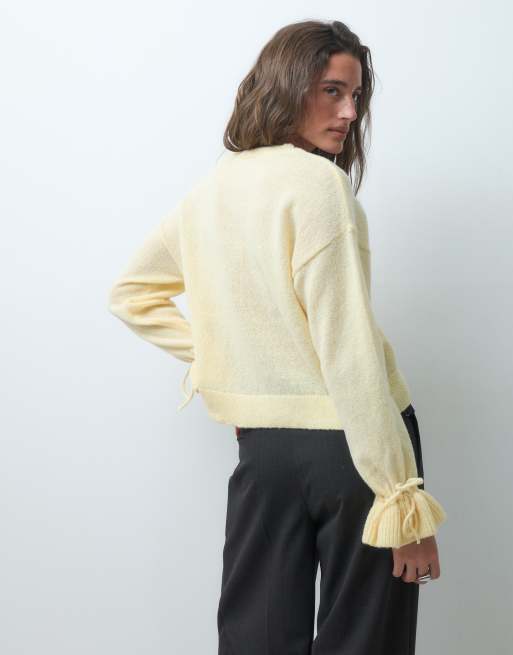 Pieces tie cuff detail jumper in pastel yellow, 2 of 4