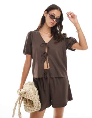 tie detail short sleeve top in chocolate brown - part of a set