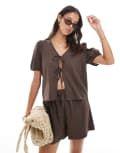 [Pieces] PIECES tie detail short sleeve top in chocolate brown (Part of a set) XS Chocolate martini