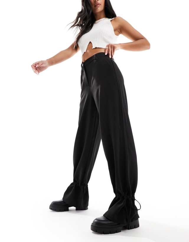 Pieces - tie detail wide leg trousers in black