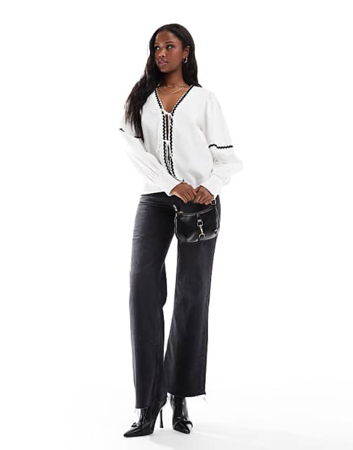Pieces tie front balloon sleeve top with contast rick-rack Pieces tie front balloon sleeve top with contast rick-rack