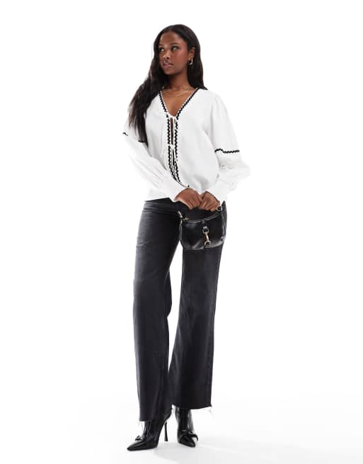 Pieces tie front balloon sleeve top with contast rikrak trim in white, 2 of 4