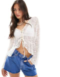 [Pieces] Pieces tie front boho lace blouse in off white 12 Cloud dancer