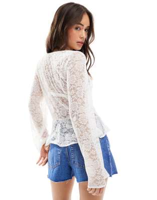 pieces tie front boho lace blouse in off white