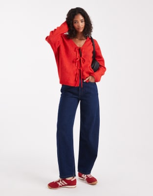 Pieces Tie Front Cardigan In Red