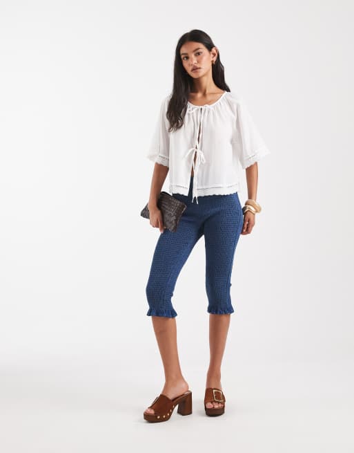 Pieces tie front cotton top with broderie trims in white, 2 of 4