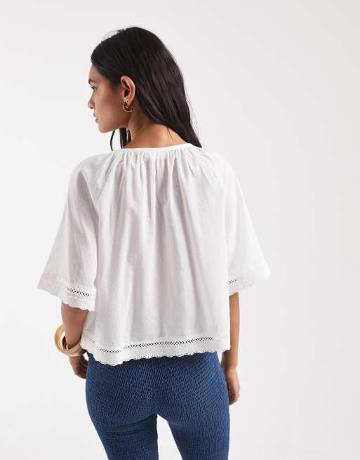 Pieces tie front cotton top with broderie trims in white, 3 of 4