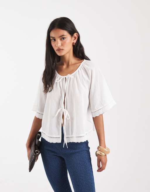 Pieces tie front cotton top with broderie trims in white, 4 of 4
