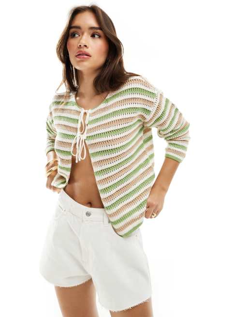  Pieces tie front crochet cardigan in green stripe