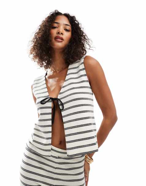 Pieces tie front crochet vest co-ord in mono stripe - view 1