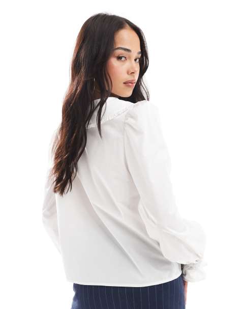 Pieces Tie Front Frill Collar Detail Poplin Top In White