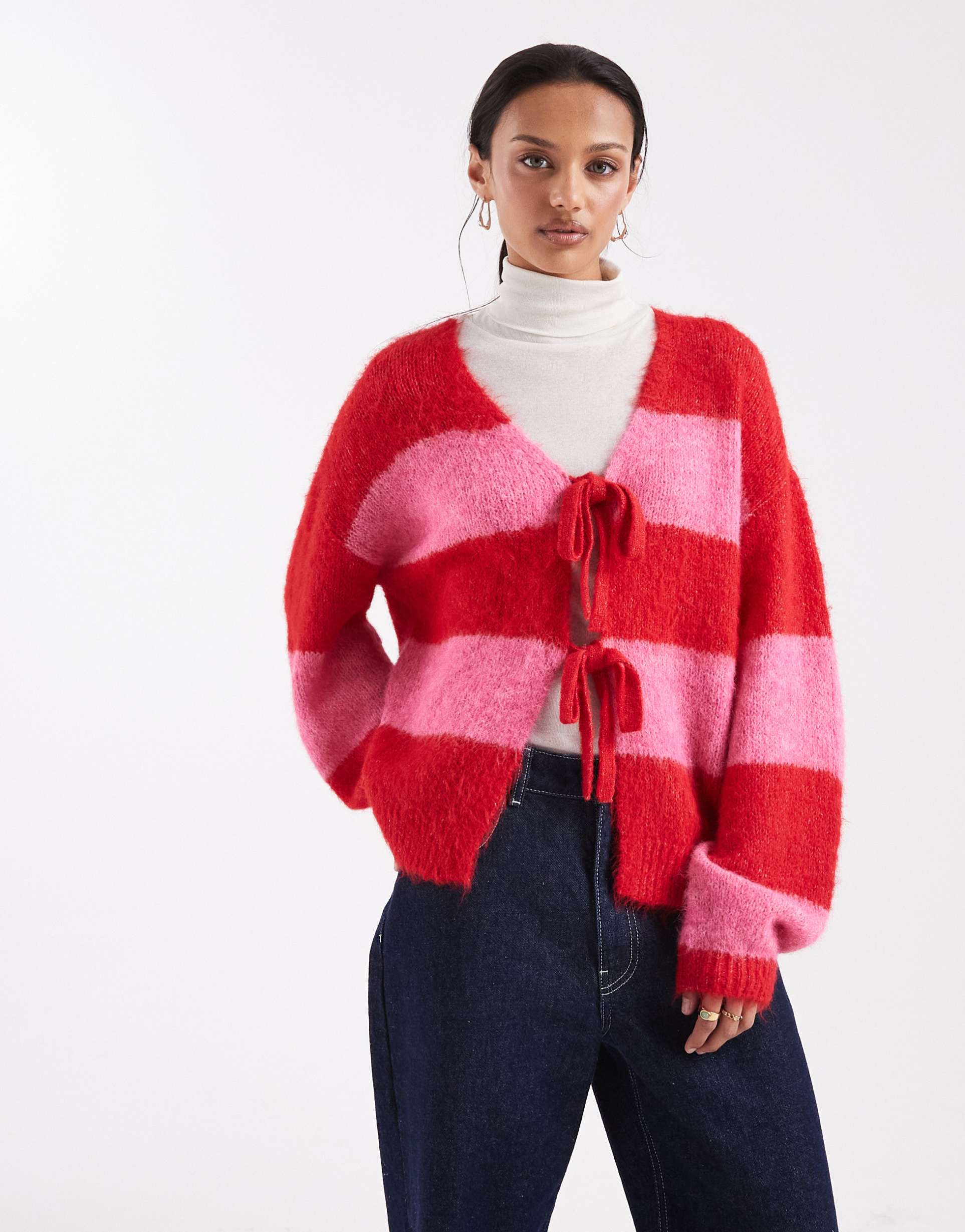 pieces tie front knit cardigan in red and pink stripes