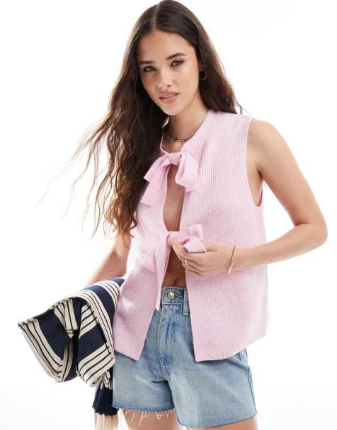Pieces tie front knit top in light pink - view 1