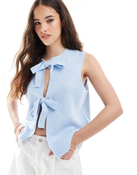 Pieces tie front knitted top in light blue - view 1