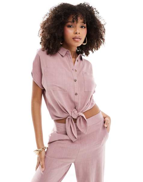 Pieces tie front linen mix shirt in pink - part of a set - view 1
