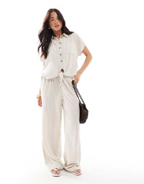 Pieces tie front linen shirt and wide leg trousers set in cream - view 1
