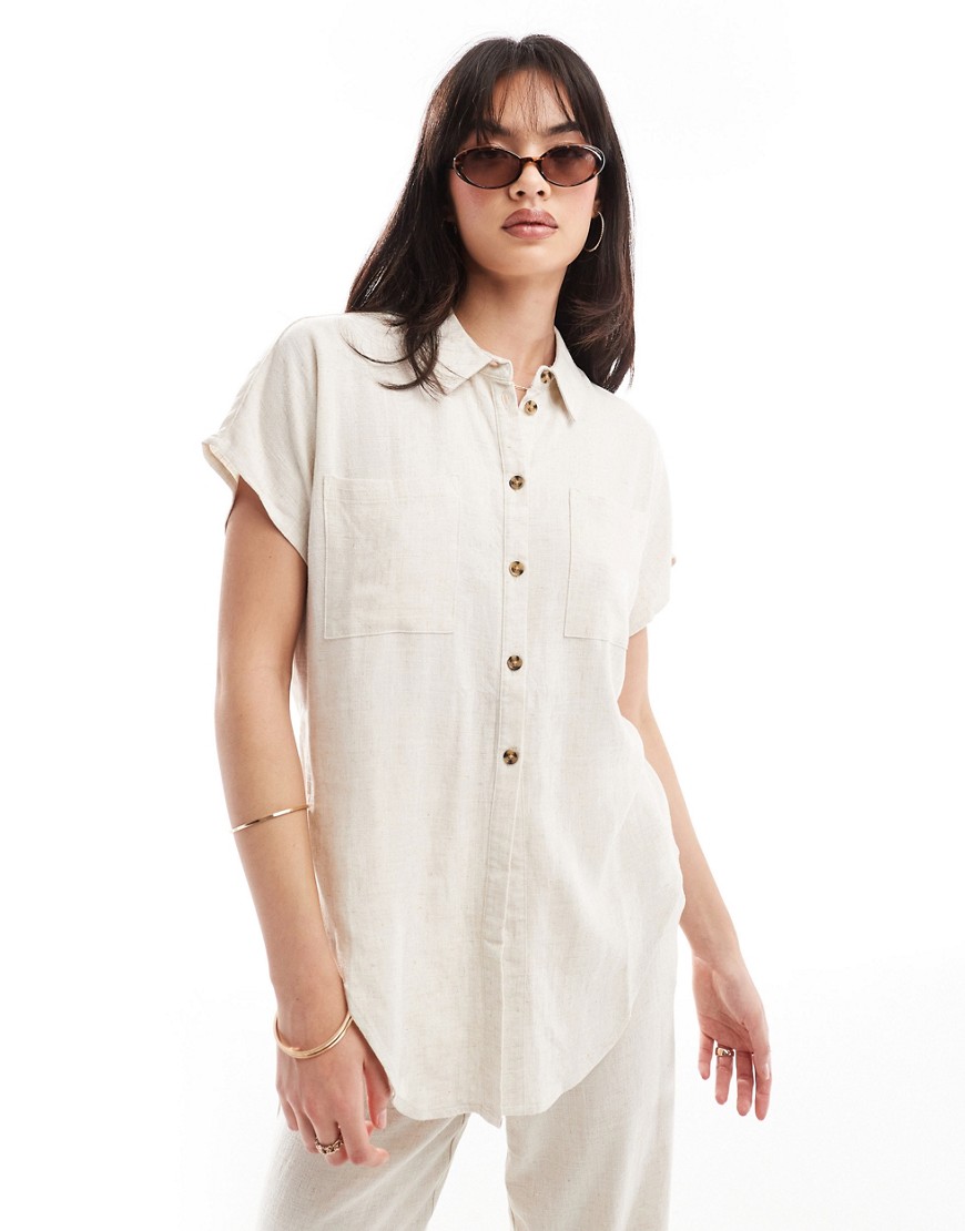 Pieces tie front linen shirt co-ord in cream-White