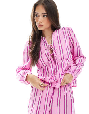 Pieces Pieces tie front long sleeve blouse co-ord in pink and purple stripe-Multi
