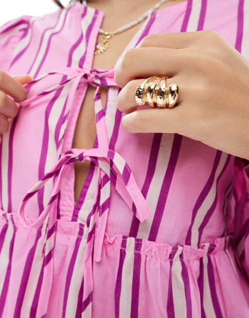 Pieces tie front long sleeve blouse in pink and purple stripe (part of a set), 2 of 4