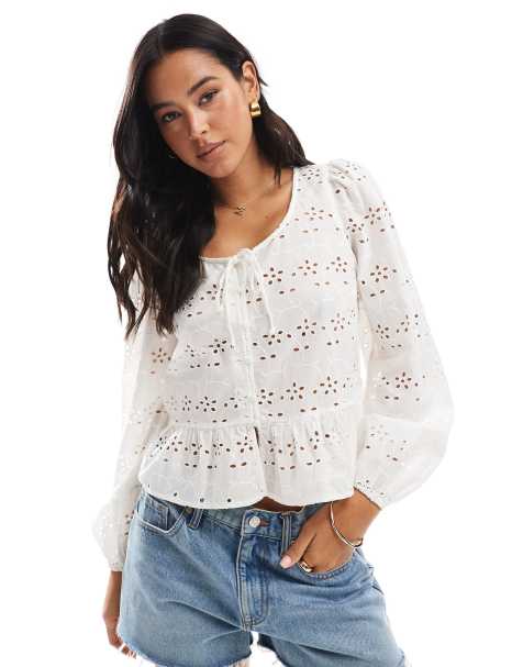 Pieces tie front long sleeve blouse in white - view 1