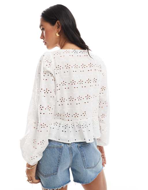 Pieces tie front long sleeve blouse in white