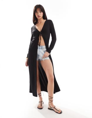 tie front maxi cardigan in black