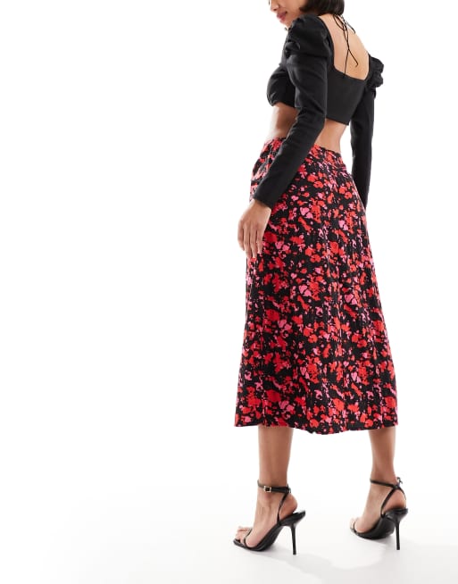 Pieces tie front midi skirt in red & black print, 3 of 5