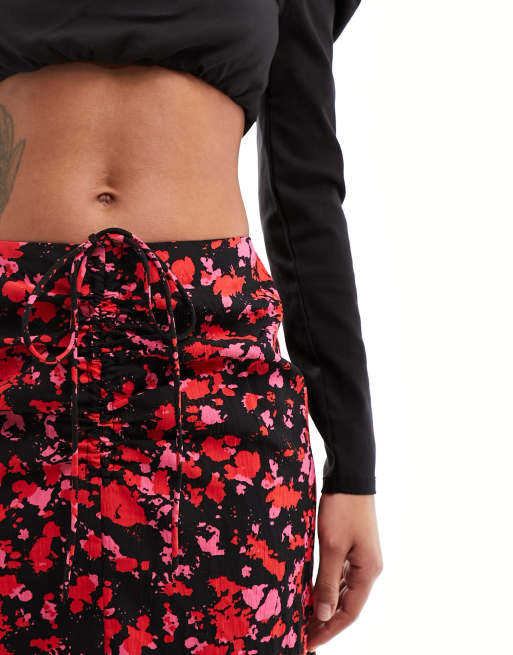 Pieces tie front midi skirt in red & black print, 5 of 5