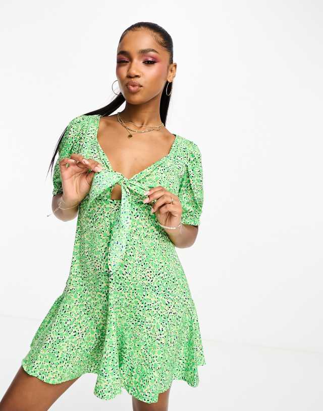 Pieces - tie front mini dress in green floral