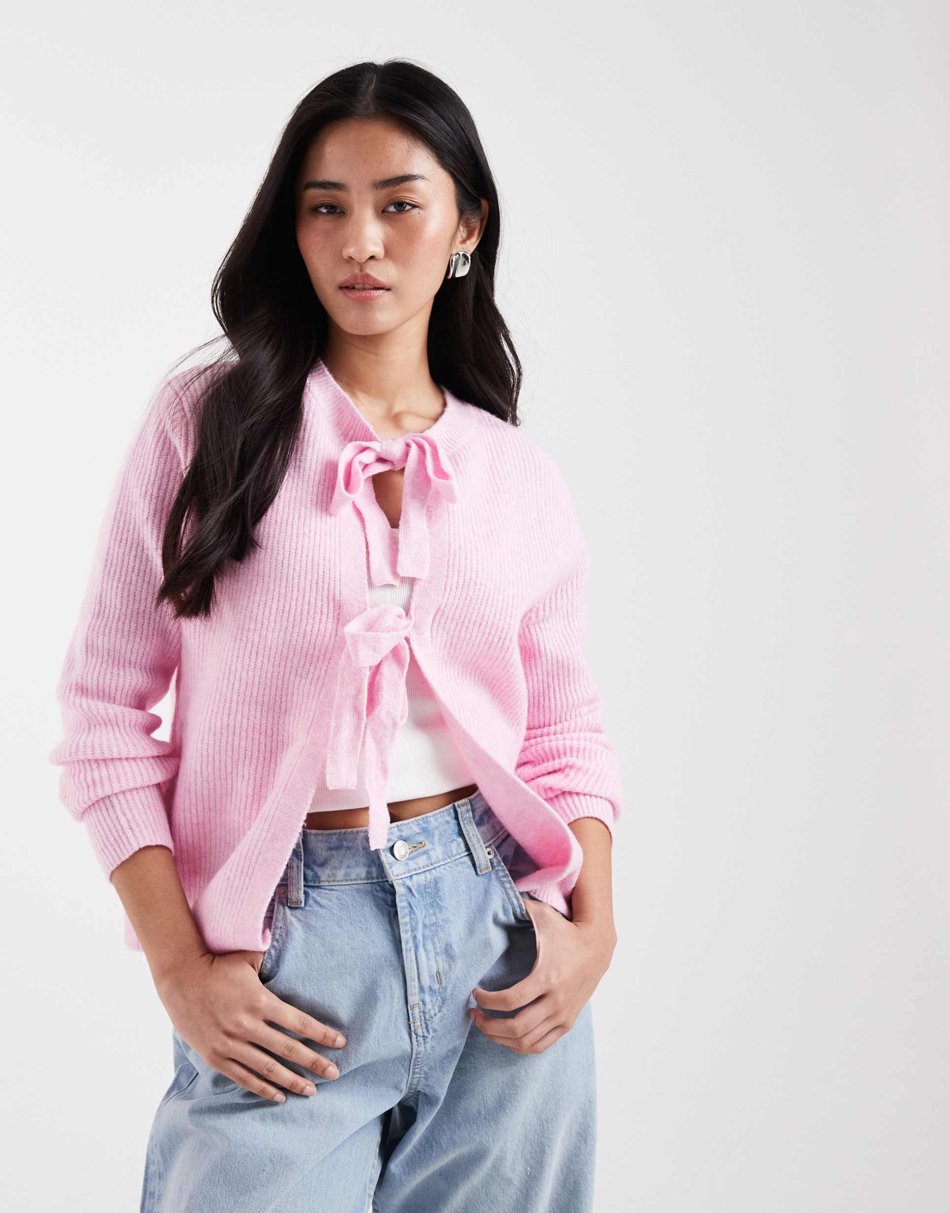 pieces tie front or back cardigan in roseate spoonbill