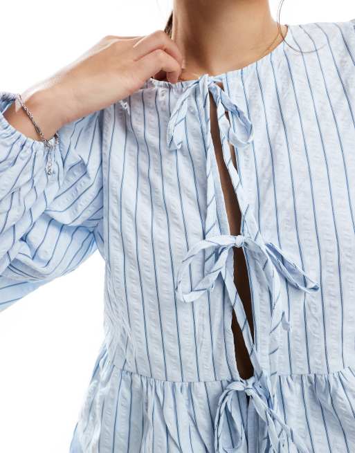 Pieces tie front peplum hem poplin top in blue stripe